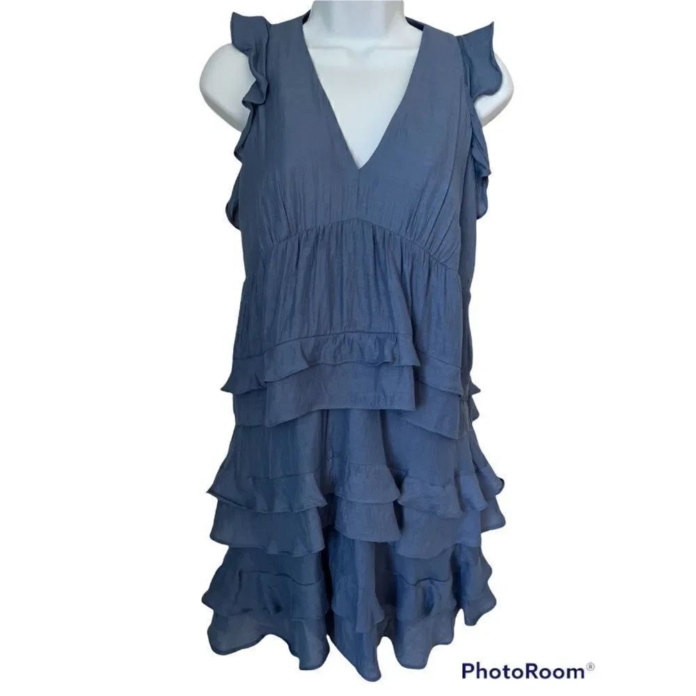 BCBG Maxazria Blue Layered Ruffle V Neck Blue Summer Dress size XS